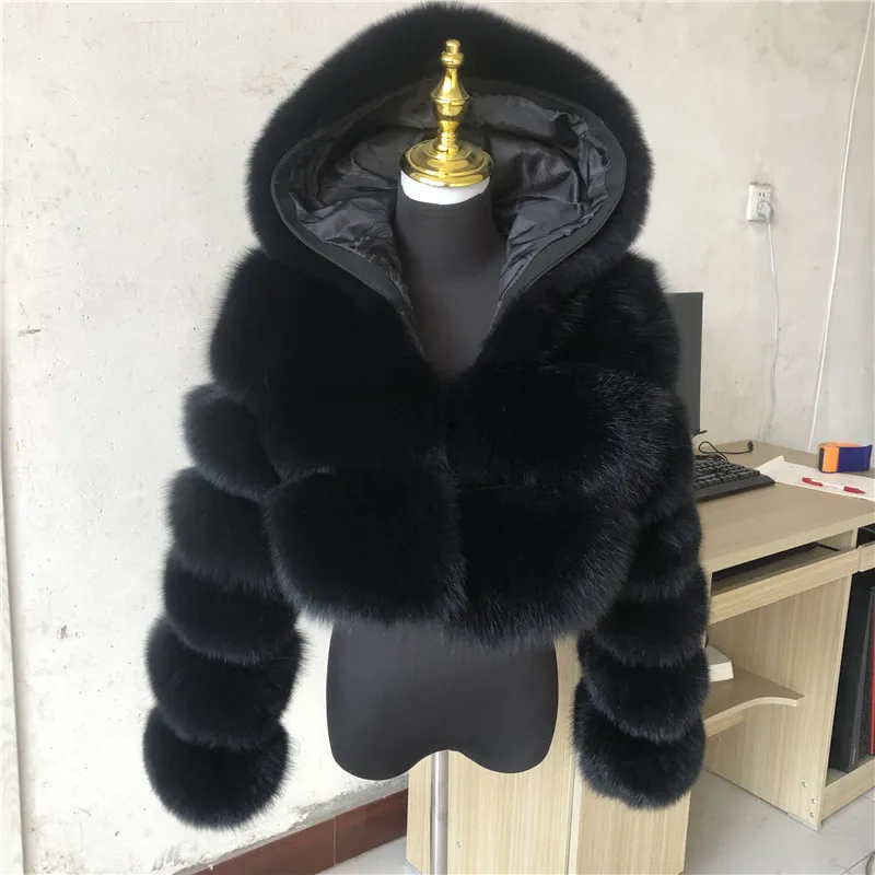 HUAQIUMEISI Natural Fox Fur Hooded Jacket New High Street Women Winter Real Fox Natural Raccoon Fur 3 Rows Hooded Fur Coat