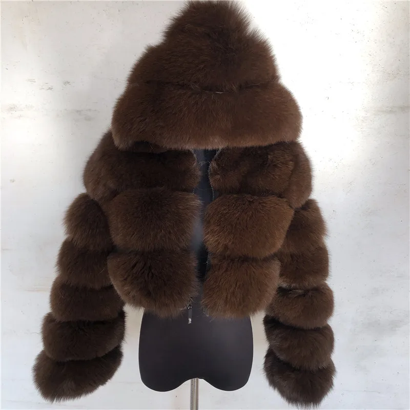 HUAQIUMEISI Natural Fox Fur Hooded Jacket New High Street Women Winter Real Fox Natural Raccoon Fur 3 Rows Hooded Fur Coat