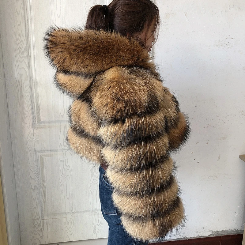 HUAQIUMEISI Natural Fox Fur Hooded Jacket New High Street Women Winter Real Fox Natural Raccoon Fur 3 Rows Hooded Fur Coat