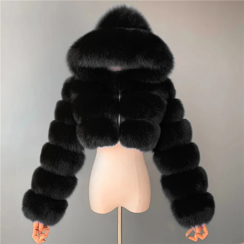HUAQIUMEISI Natural Fox Fur Hooded Jacket New High Street Women Winter Real Fox Natural Raccoon Fur 3 Rows Hooded Fur Coat