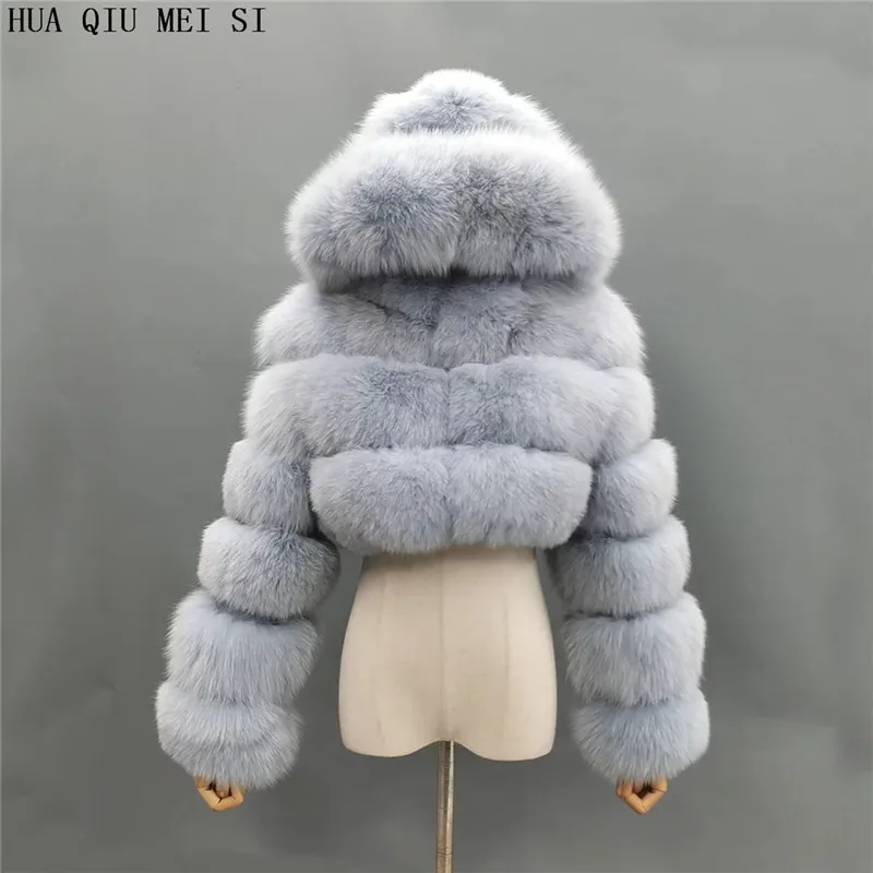 HUAQIUMEISI Natural Fox Fur Hooded Jacket New High Street Women Winter Real Fox Natural Raccoon Fur 3 Rows Hooded Fur Coat