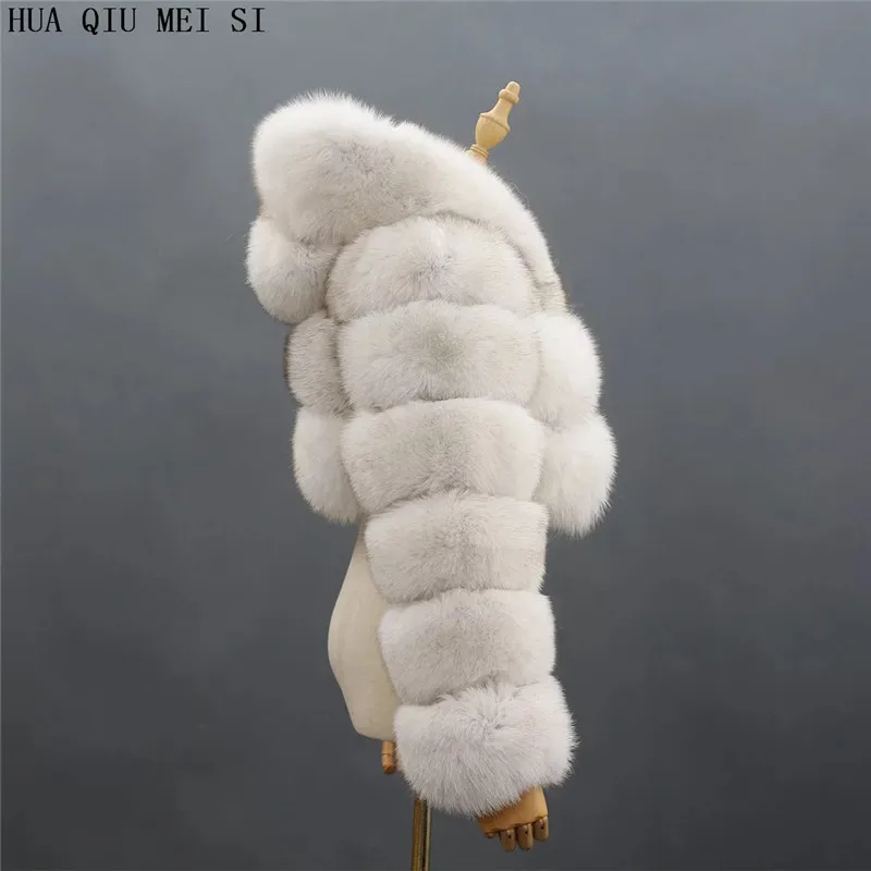 HUAQIUMEISI Natural Fox Fur Hooded Jacket New High Street Women Winter Real Fox Natural Raccoon Fur 3 Rows Hooded Fur Coat