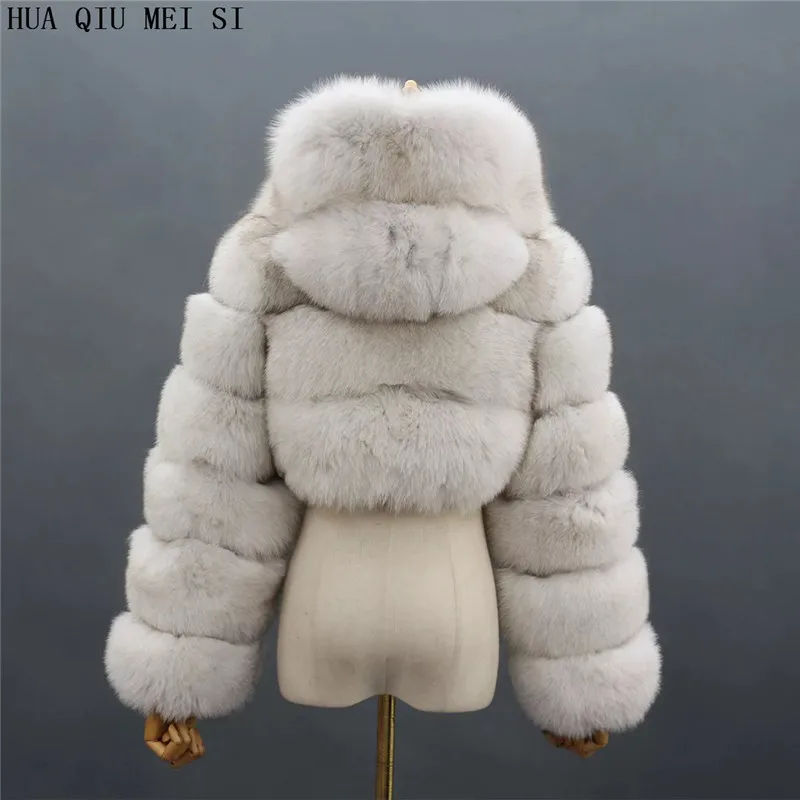 HUAQIUMEISI Natural Fox Fur Hooded Jacket New High Street Women Winter Real Fox Natural Raccoon Fur 3 Rows Hooded Fur Coat