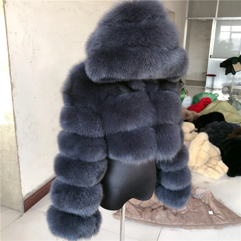 HUAQIUMEISI Natural Fox Fur Hooded Jacket New High Street Women Winter Real Fox Natural Raccoon Fur 3 Rows Hooded Fur Coat