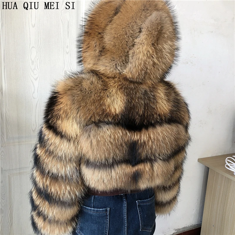 HUAQIUMEISI Natural Fox Fur Hooded Jacket New High Street Women Winter Real Fox Natural Raccoon Fur 3 Rows Hooded Fur Coat