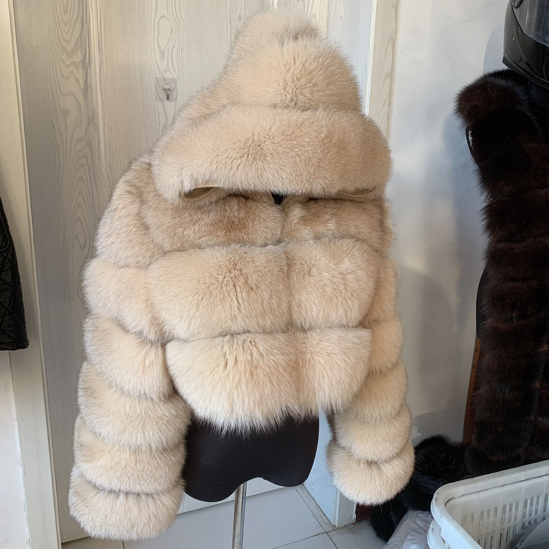 HUAQIUMEISI Natural Fox Fur Hooded Jacket New High Street Women Winter Real Fox Natural Raccoon Fur 3 Rows Hooded Fur Coat