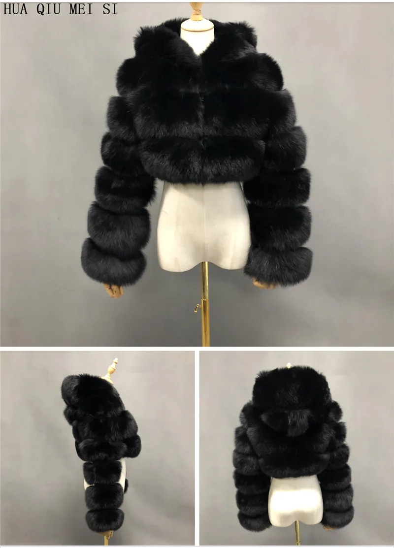 HUAQIUMEISI Natural Fox Fur Hooded Jacket New High Street Women Winter Real Fox Natural Raccoon Fur 3 Rows Hooded Fur Coat