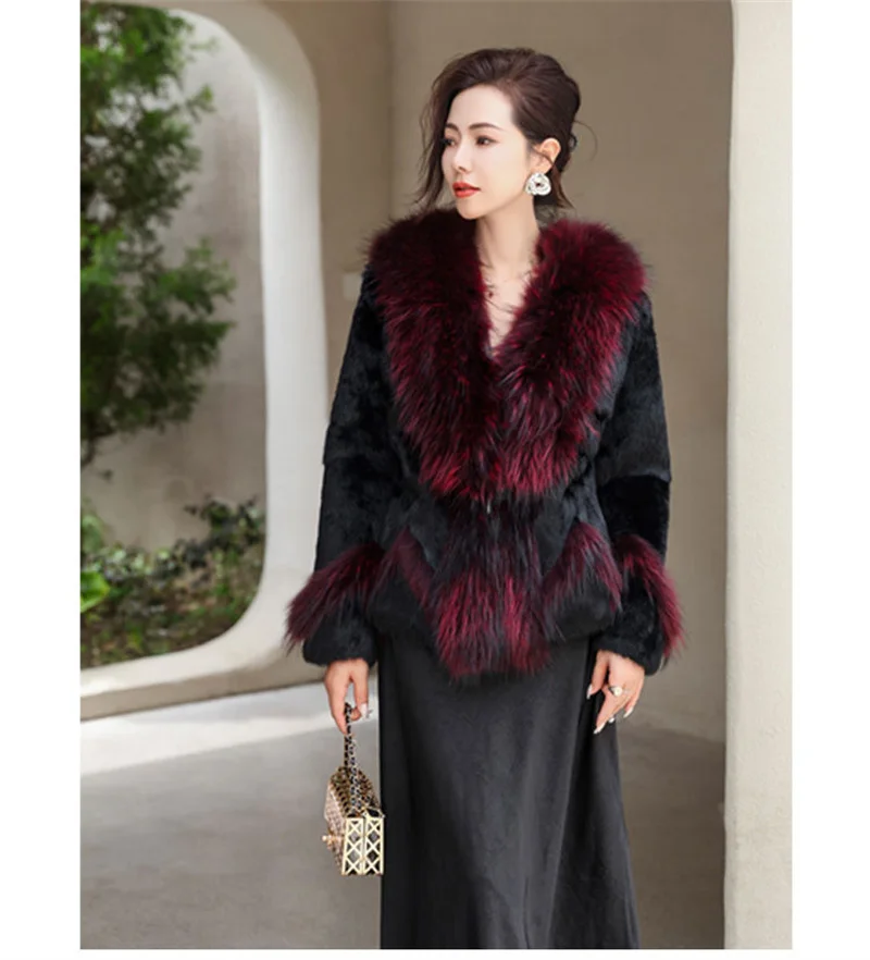 Women Winter Real Rabbit Fur Coat With Raccoon Fur Trimming Fashion Warm Luxury Long Sleeve Genuine Fur Jacket Female Outwear