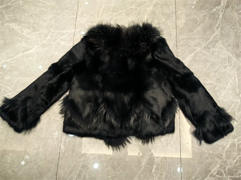 Women Winter Real Rabbit Fur Coat With Raccoon Fur Trimming Fashion Warm Luxury Long Sleeve Genuine Fur Jacket Female Outwear