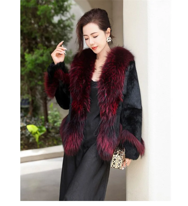 Women Winter Real Rabbit Fur Coat With Raccoon Fur Trimming Fashion Warm Luxury Long Sleeve Genuine Fur Jacket Female Outwear