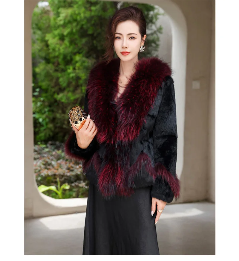 Women Winter Real Rabbit Fur Coat With Raccoon Fur Trimming Fashion Warm Luxury Long Sleeve Genuine Fur Jacket Female Outwear