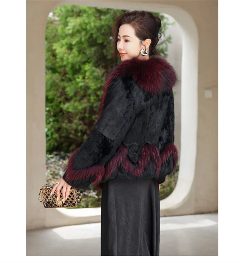 Women Winter Real Rabbit Fur Coat With Raccoon Fur Trimming Fashion Warm Luxury Long Sleeve Genuine Fur Jacket Female Outwear