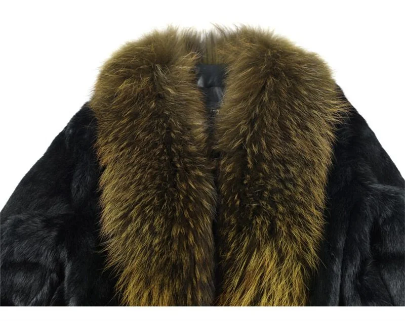 Women Winter Real Rabbit Fur Coat With Raccoon Fur Trimming Fashion Warm Luxury Long Sleeve Genuine Fur Jacket Female Outwear
