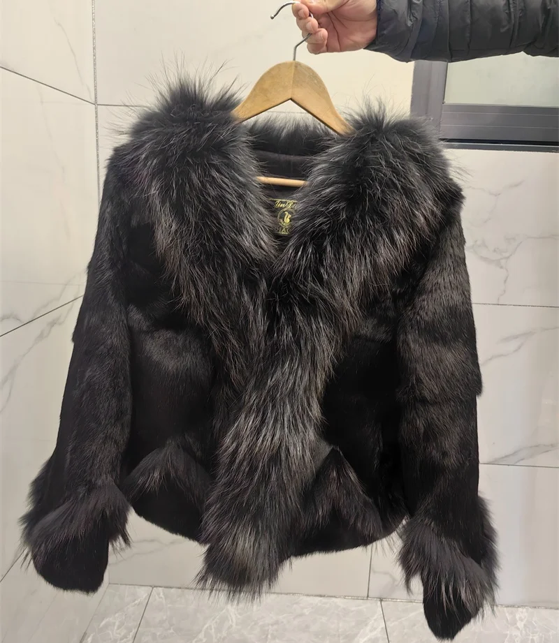 Women Winter Real Rabbit Fur Coat With Raccoon Fur Trimming Fashion Warm Luxury Long Sleeve Genuine Fur Jacket Female Outwear