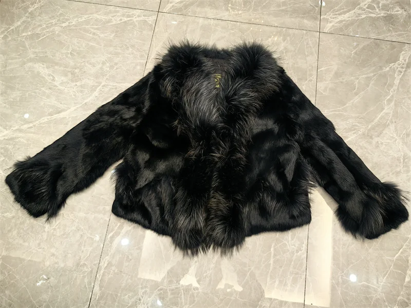 Women Winter Real Rabbit Fur Coat With Raccoon Fur Trimming Fashion Warm Luxury Long Sleeve Genuine Fur Jacket Female Outwear