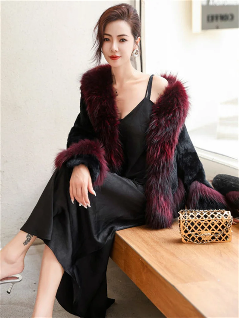 Women Winter Real Rabbit Fur Coat With Raccoon Fur Trimming Fashion Warm Luxury Long Sleeve Genuine Fur Jacket Female Outwear