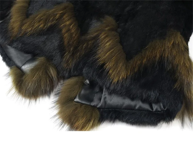 Women Winter Real Rabbit Fur Coat With Raccoon Fur Trimming Fashion Warm Luxury Long Sleeve Genuine Fur Jacket Female Outwear