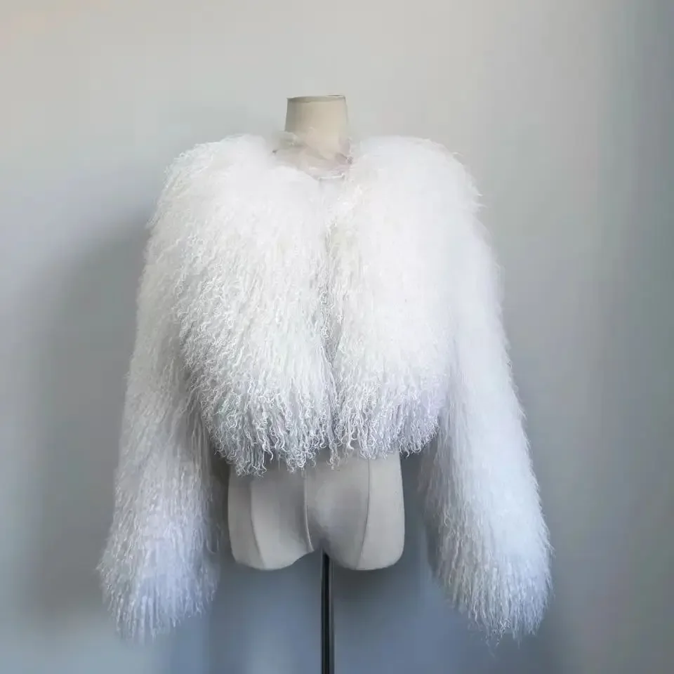 Real fur Colorful Women's Real Mongolia Sheep Fur Jacket With Collar Winter Coat Female