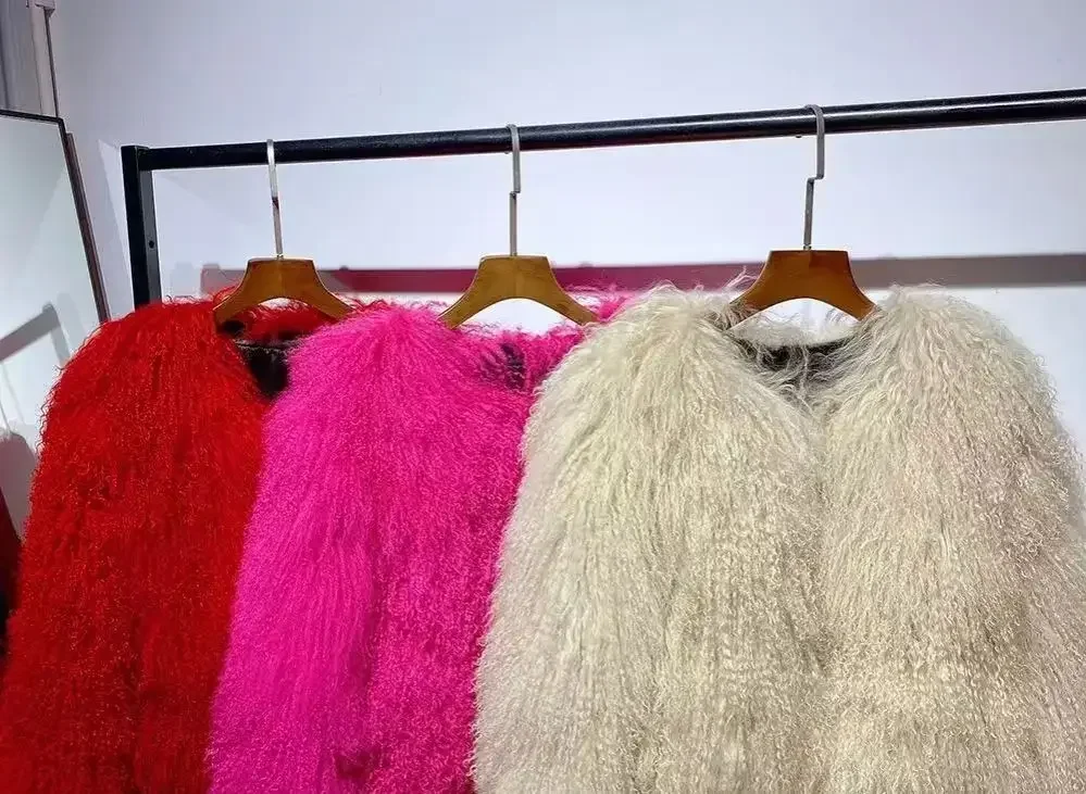 Real fur Colorful Women's Real Mongolia Sheep Fur Jacket With Collar Winter Coat Female