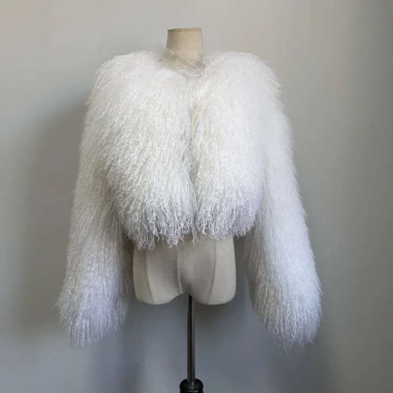 Real fur Colorful Women's Real Mongolia Sheep Fur Jacket With Collar Winter Coat Female