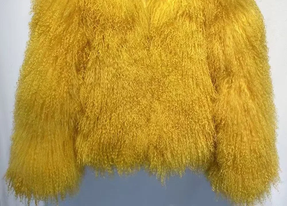 Real fur Colorful Women's Real Mongolia Sheep Fur Jacket With Collar Winter Coat Female