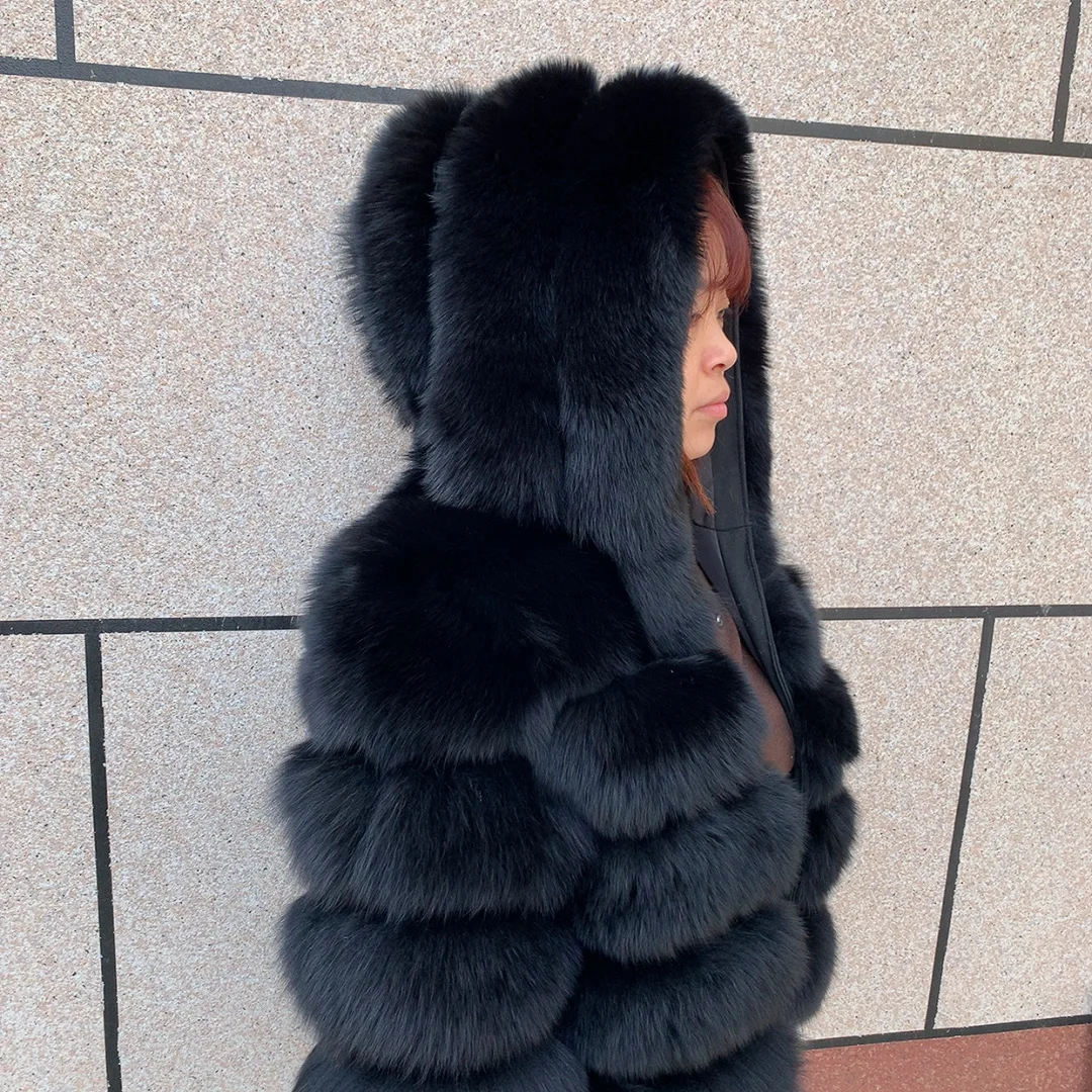 Women's Real Raccoon Hooded Fur Coat and Natural Real Fox Fur Hooded Coat, Winter Warm Coat, Fashionable and Fluffy