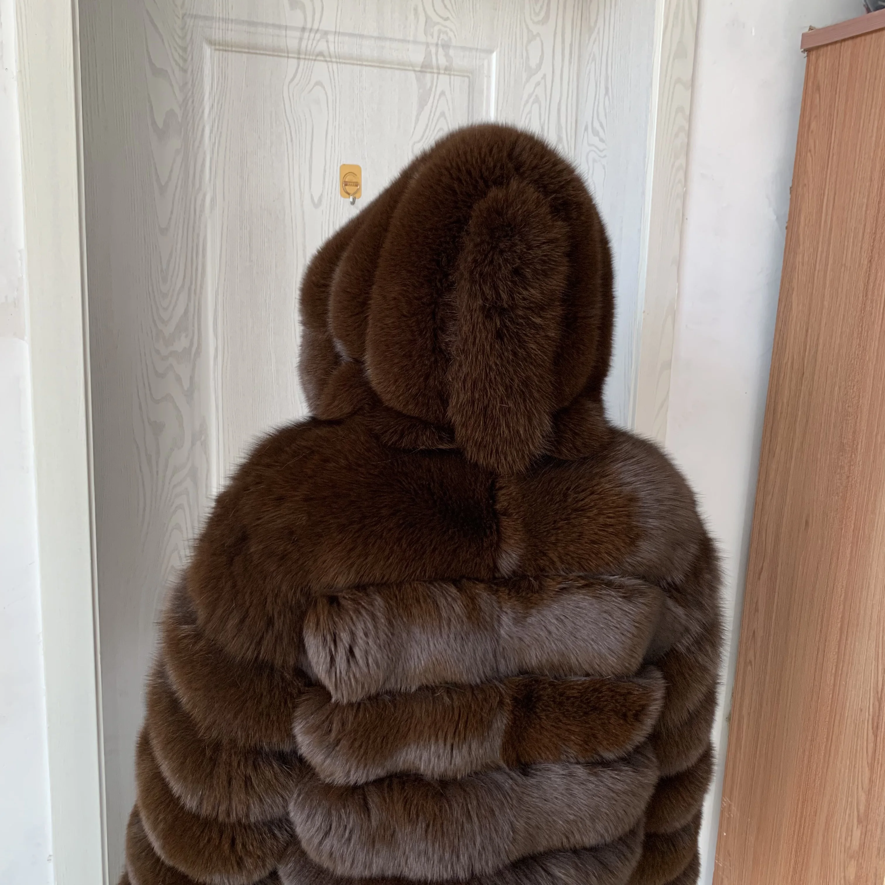 Women's Real Raccoon Hooded Fur Coat and Natural Real Fox Fur Hooded Coat, Winter Warm Coat, Fashionable and Fluffy