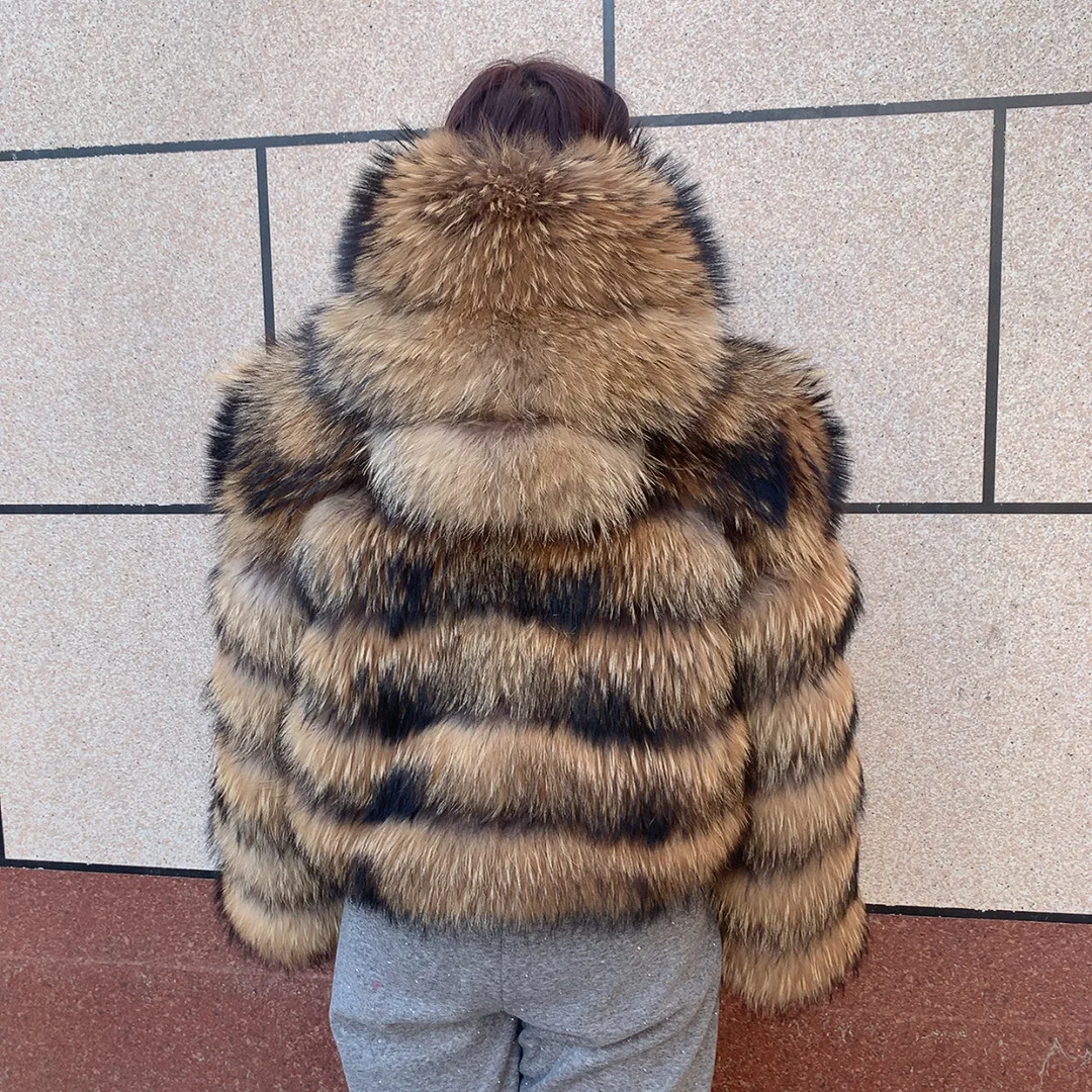 Women's Real Raccoon Hooded Fur Coat and Natural Real Fox Fur Hooded Coat, Winter Warm Coat, Fashionable and Fluffy