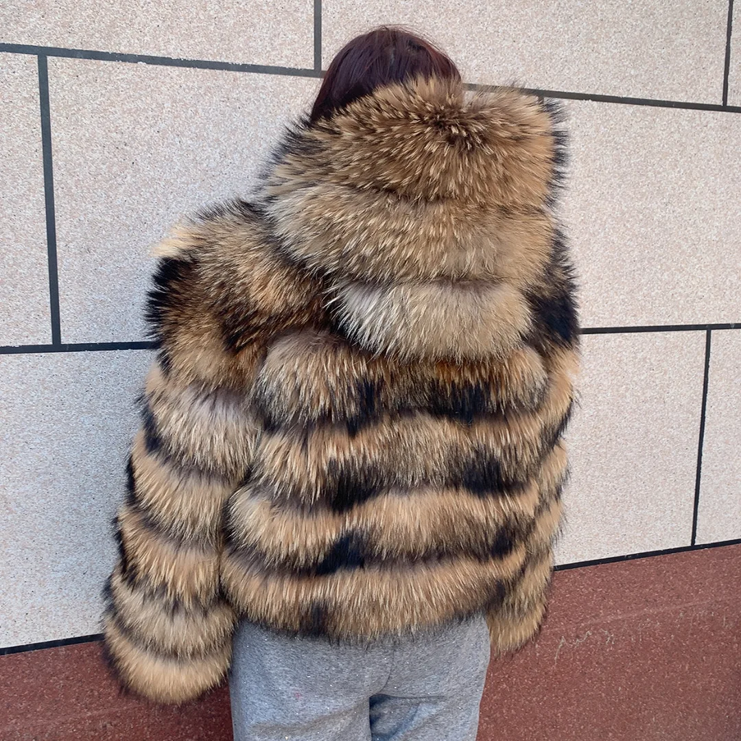 Women's Real Raccoon Hooded Fur Coat and Natural Real Fox Fur Hooded Coat, Winter Warm Coat, Fashionable and Fluffy