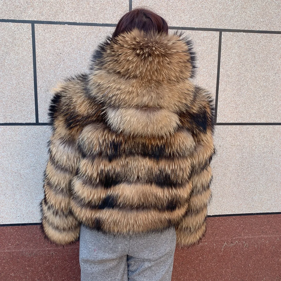 Women's Real Raccoon Hooded Fur Coat and Natural Real Fox Fur Hooded Coat, Winter Warm Coat, Fashionable and Fluffy