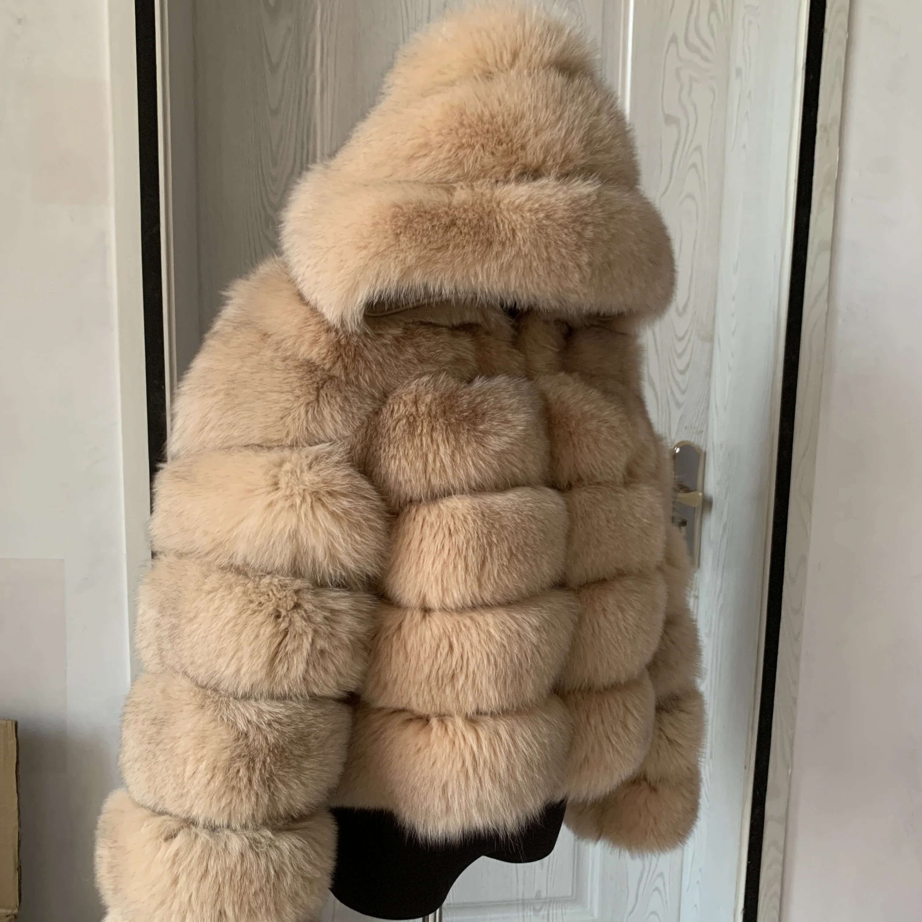 Women's Real Raccoon Hooded Fur Coat and Natural Real Fox Fur Hooded Coat, Winter Warm Coat, Fashionable and Fluffy