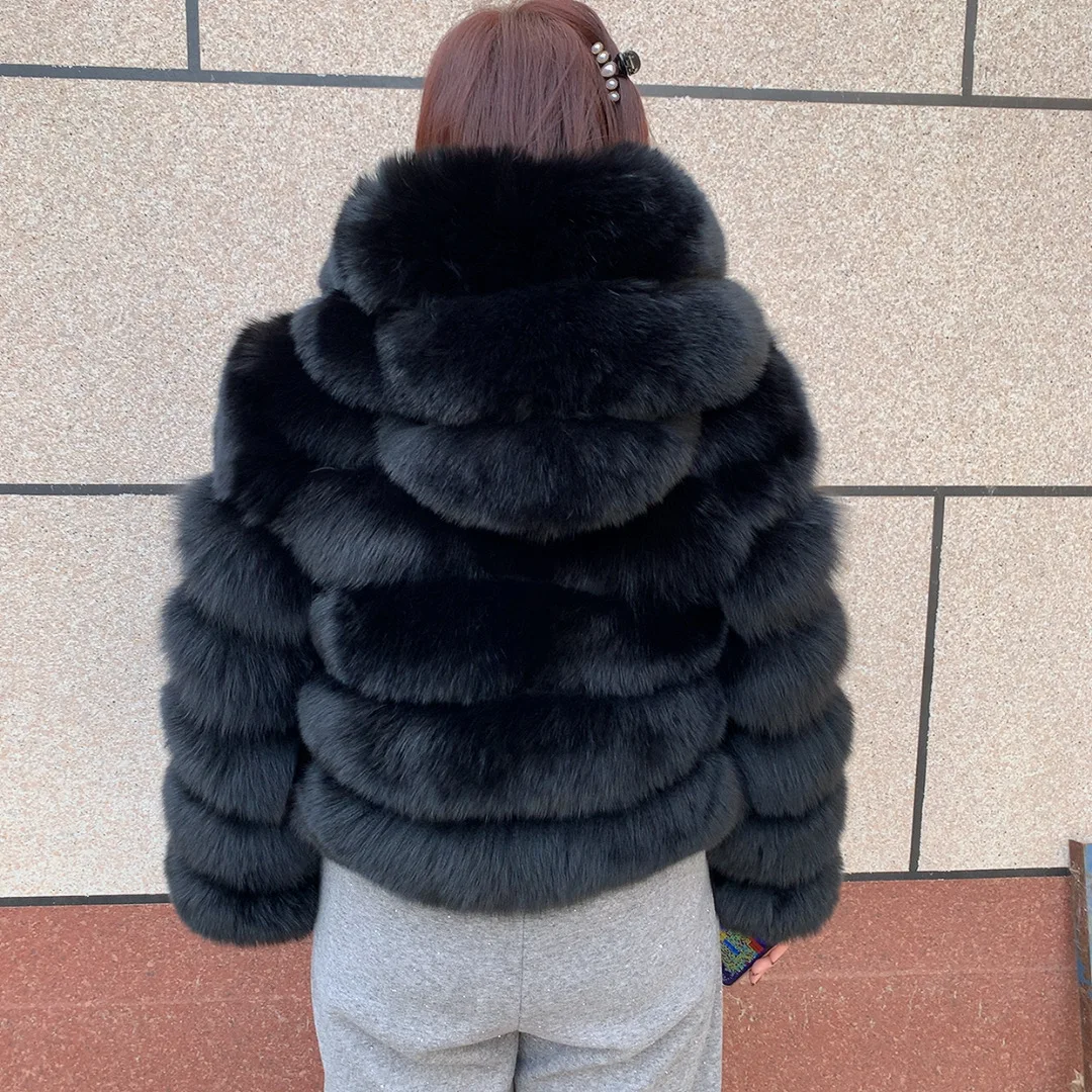 Women's Real Raccoon Hooded Fur Coat and Natural Real Fox Fur Hooded Coat, Winter Warm Coat, Fashionable and Fluffy