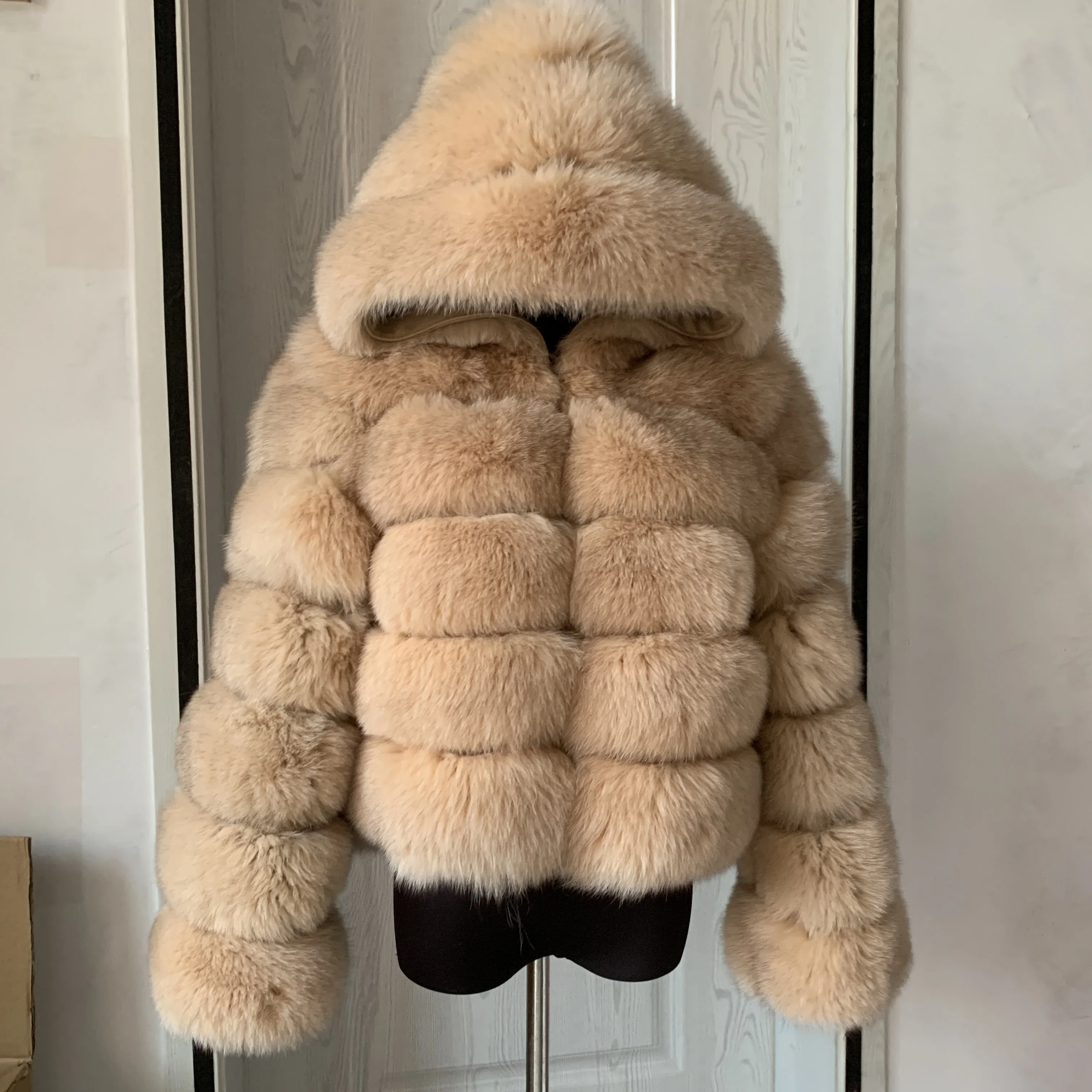 Women's Real Raccoon Hooded Fur Coat and Natural Real Fox Fur Hooded Coat, Winter Warm Coat, Fashionable and Fluffy