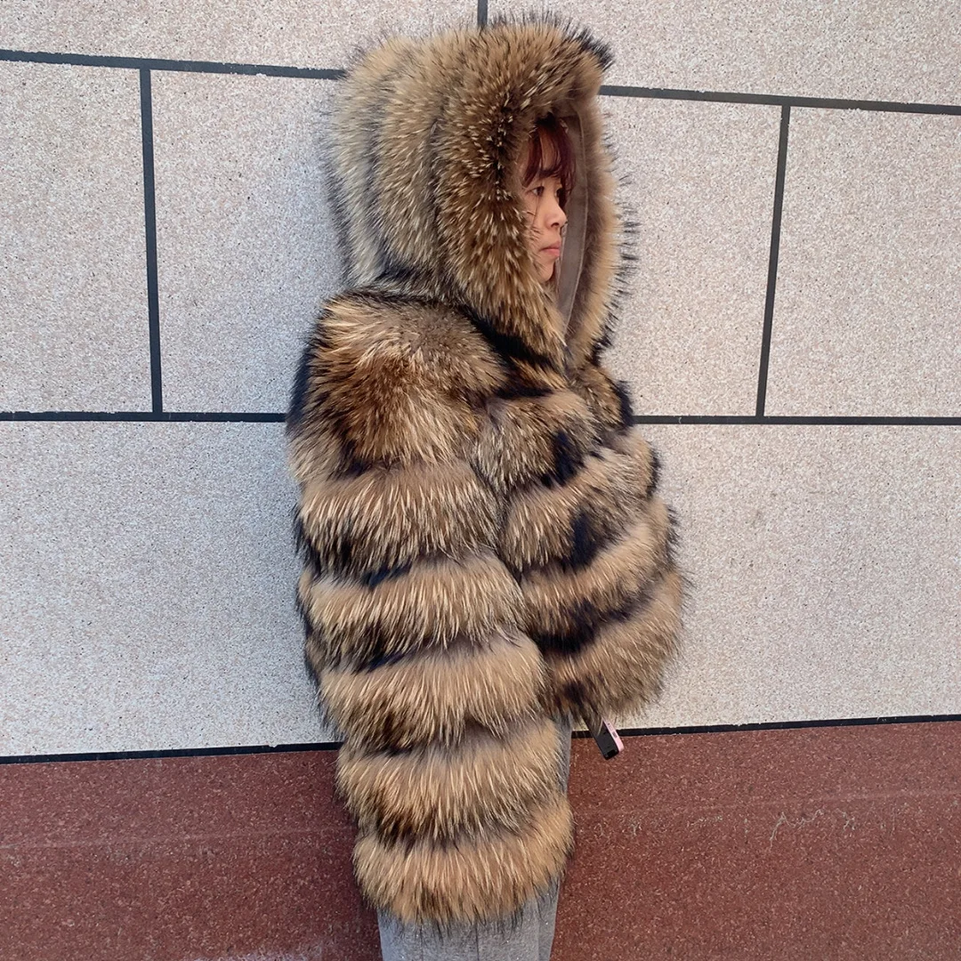 Women's Real Raccoon Hooded Fur Coat and Natural Real Fox Fur Hooded Coat, Winter Warm Coat, Fashionable and Fluffy