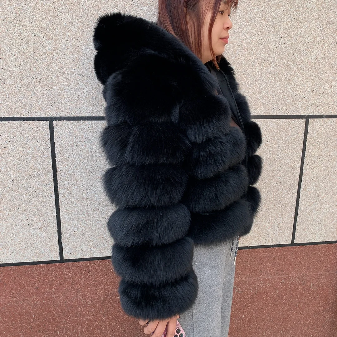 Women's Real Raccoon Hooded Fur Coat and Natural Real Fox Fur Hooded Coat, Winter Warm Coat, Fashionable and Fluffy
