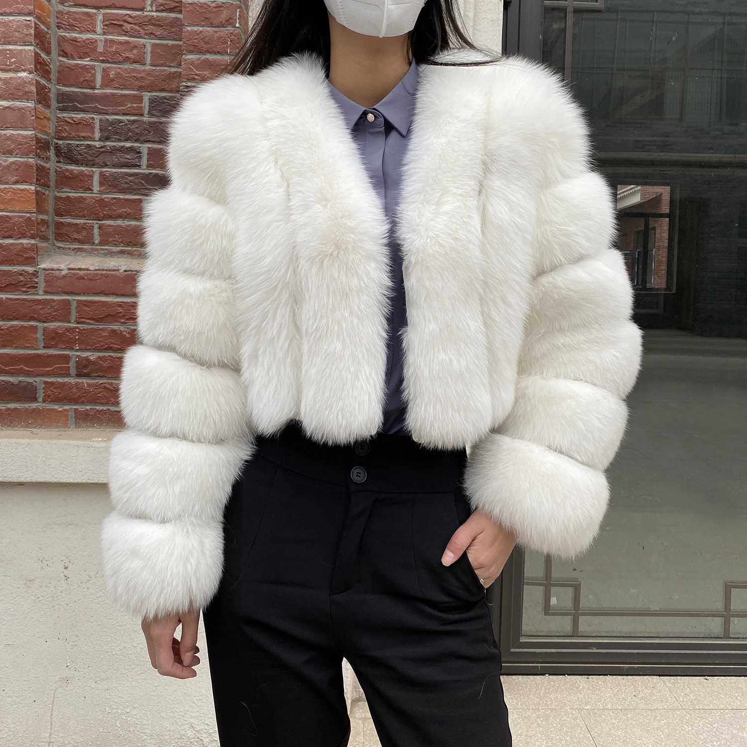 Fur Coat Women Winter Fashion Deep V-neck Superpopular Natural Fox Fur Full Sleeve High Waist Real Fur Coat Lady Luxury Style