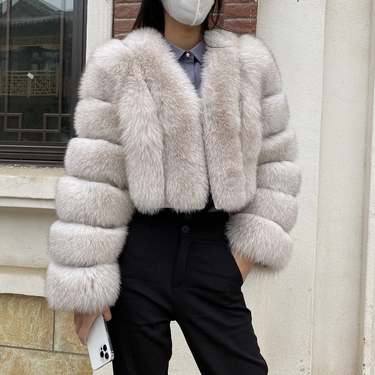 Fur Coat Women Winter Fashion Deep V-neck Superpopular Natural Fox Fur Full Sleeve High Waist Real Fur Coat Lady Luxury Style