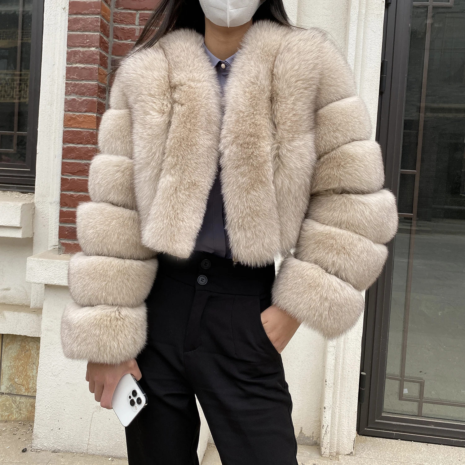 Fur Coat Women Winter Fashion Deep V-neck Superpopular Natural Fox Fur Full Sleeve High Waist Real Fur Coat Lady Luxury Style