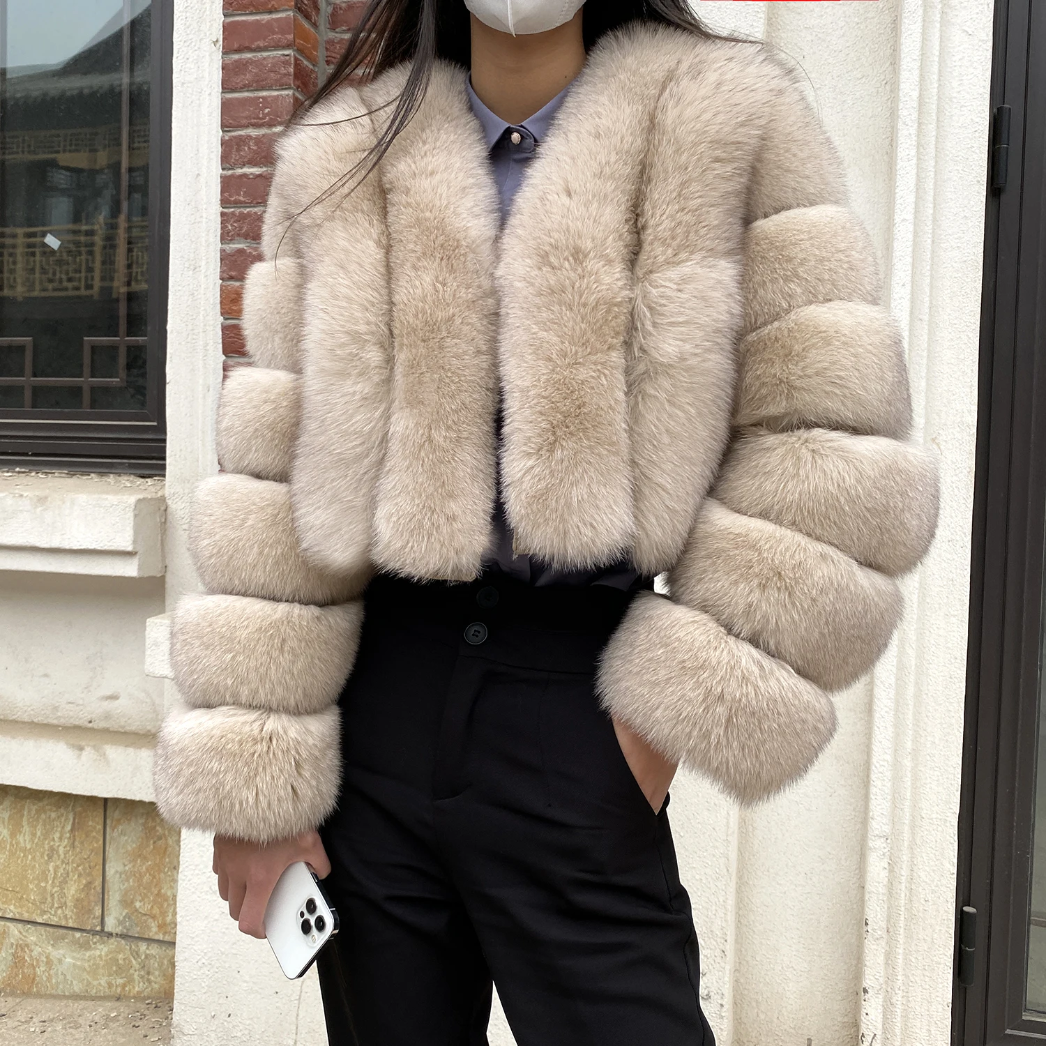 Fur Coat Women Winter Fashion Deep V-neck Superpopular Natural Fox Fur Full Sleeve High Waist Real Fur Coat Lady Luxury Style