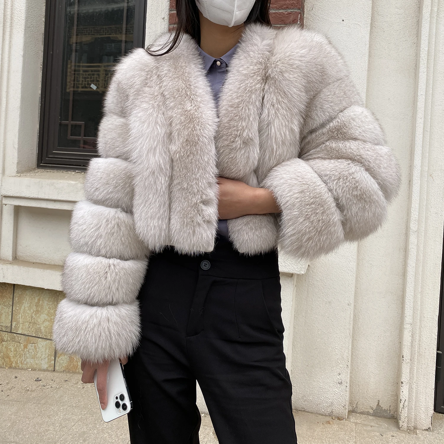 Fur Coat Women Winter Fashion Deep V-neck Superpopular Natural Fox Fur Full Sleeve High Waist Real Fur Coat Lady Luxury Style