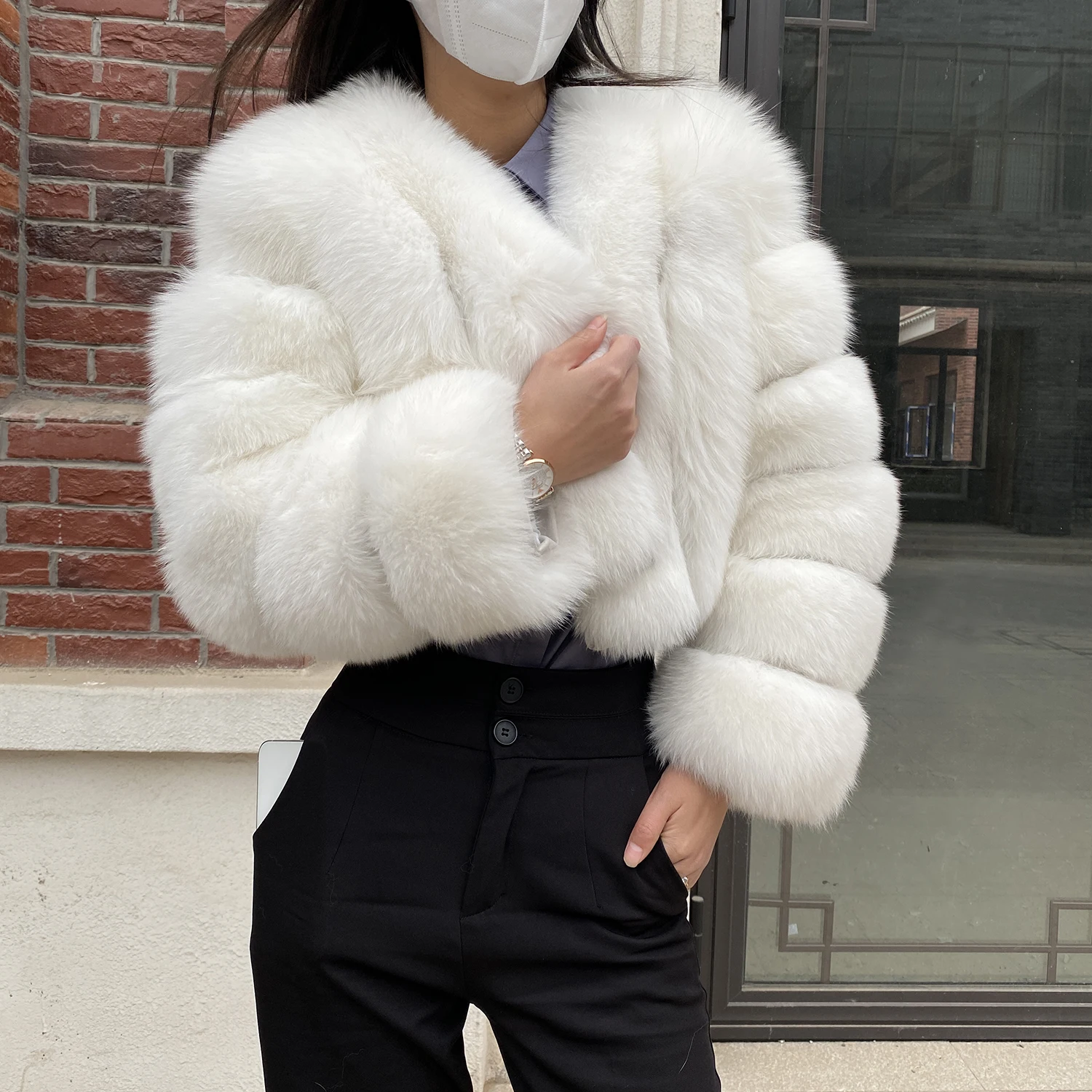 Fur Coat Women Winter Fashion Deep V-neck Superpopular Natural Fox Fur Full Sleeve High Waist Real Fur Coat Lady Luxury Style