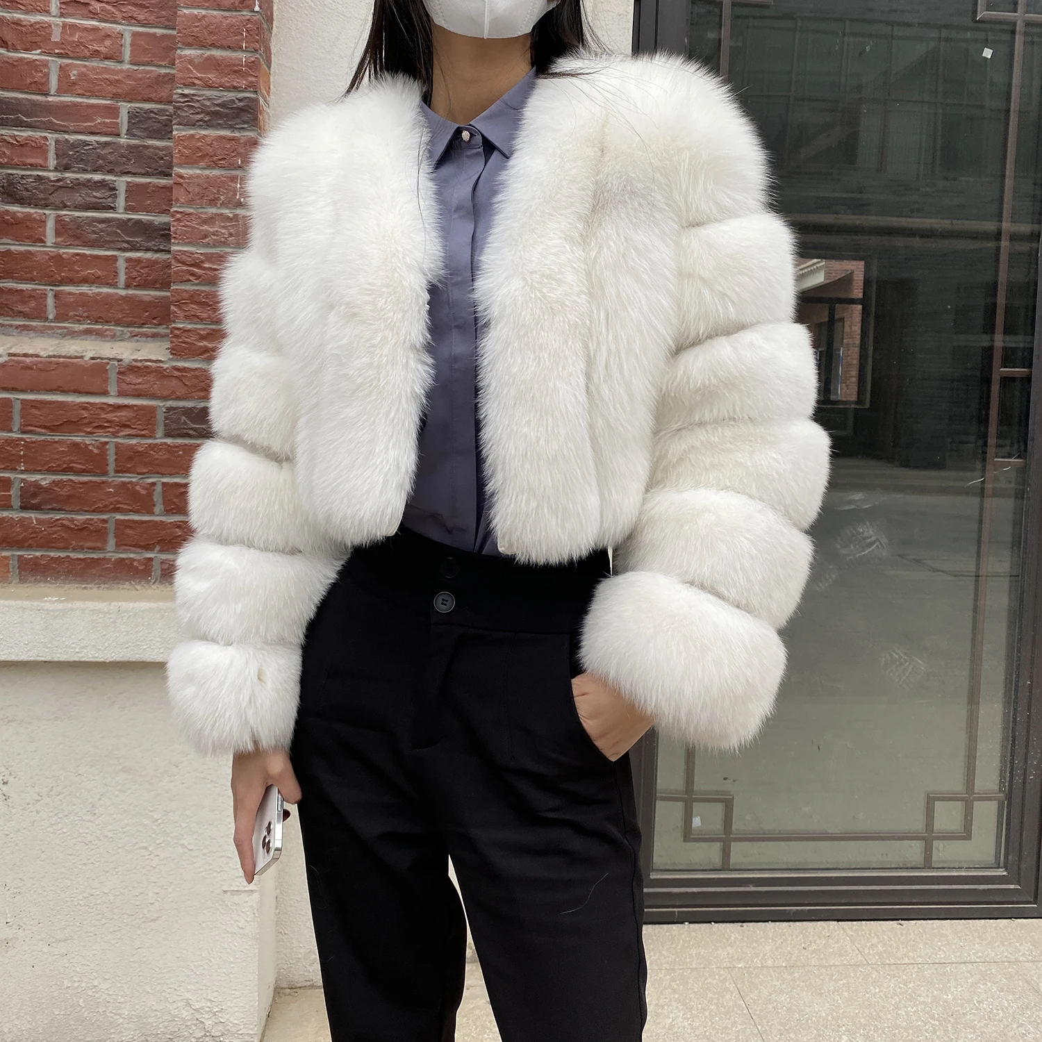Fur Coat Women Winter Fashion Deep V-neck Superpopular Natural Fox Fur Full Sleeve High Waist Real Fur Coat Lady Luxury Style