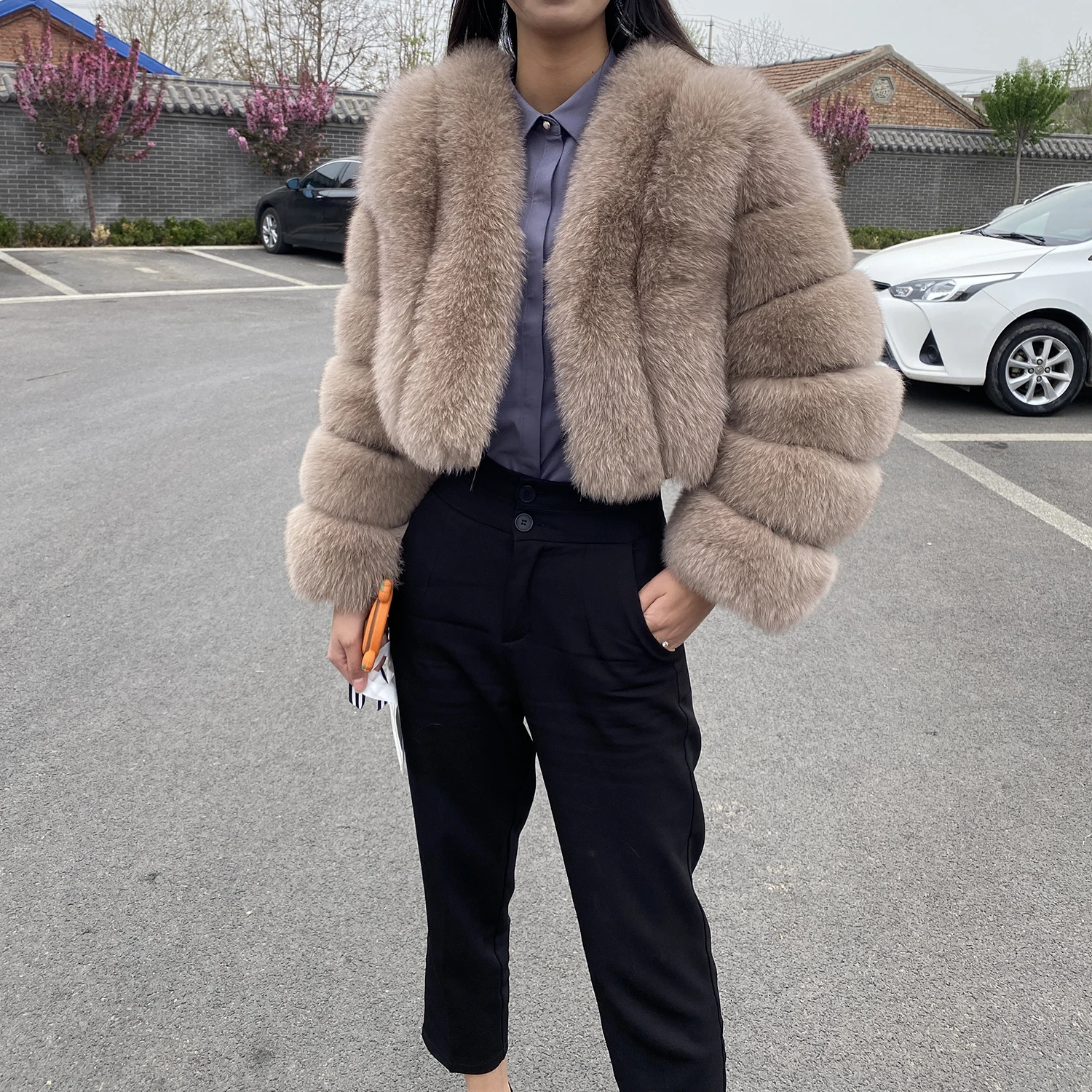Fur Coat Women Winter Fashion Deep V-neck Superpopular Natural Fox Fur Full Sleeve High Waist Real Fur Coat Lady Luxury Style