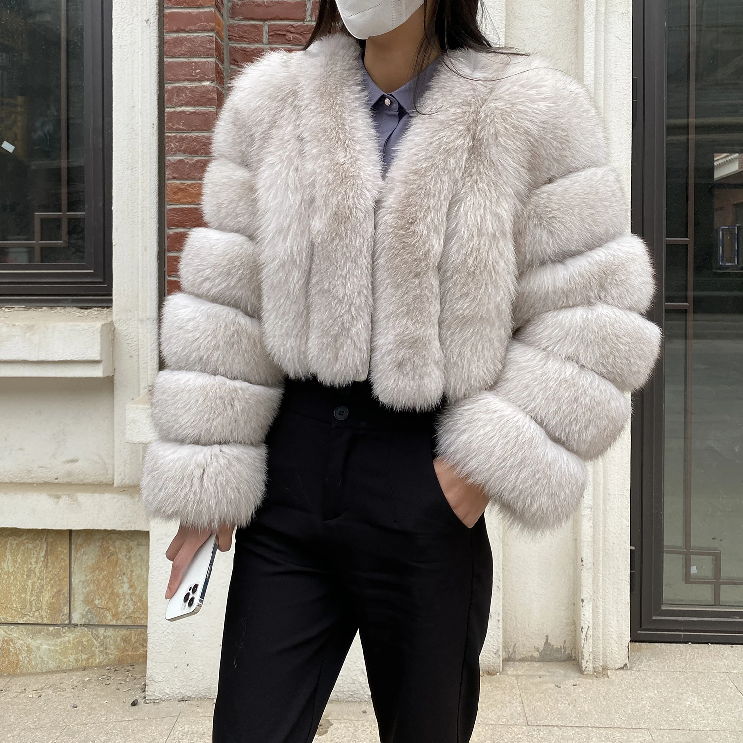 Fur Coat Women Winter Fashion Deep V-neck Superpopular Natural Fox Fur Full Sleeve High Waist Real Fur Coat Lady Luxury Style