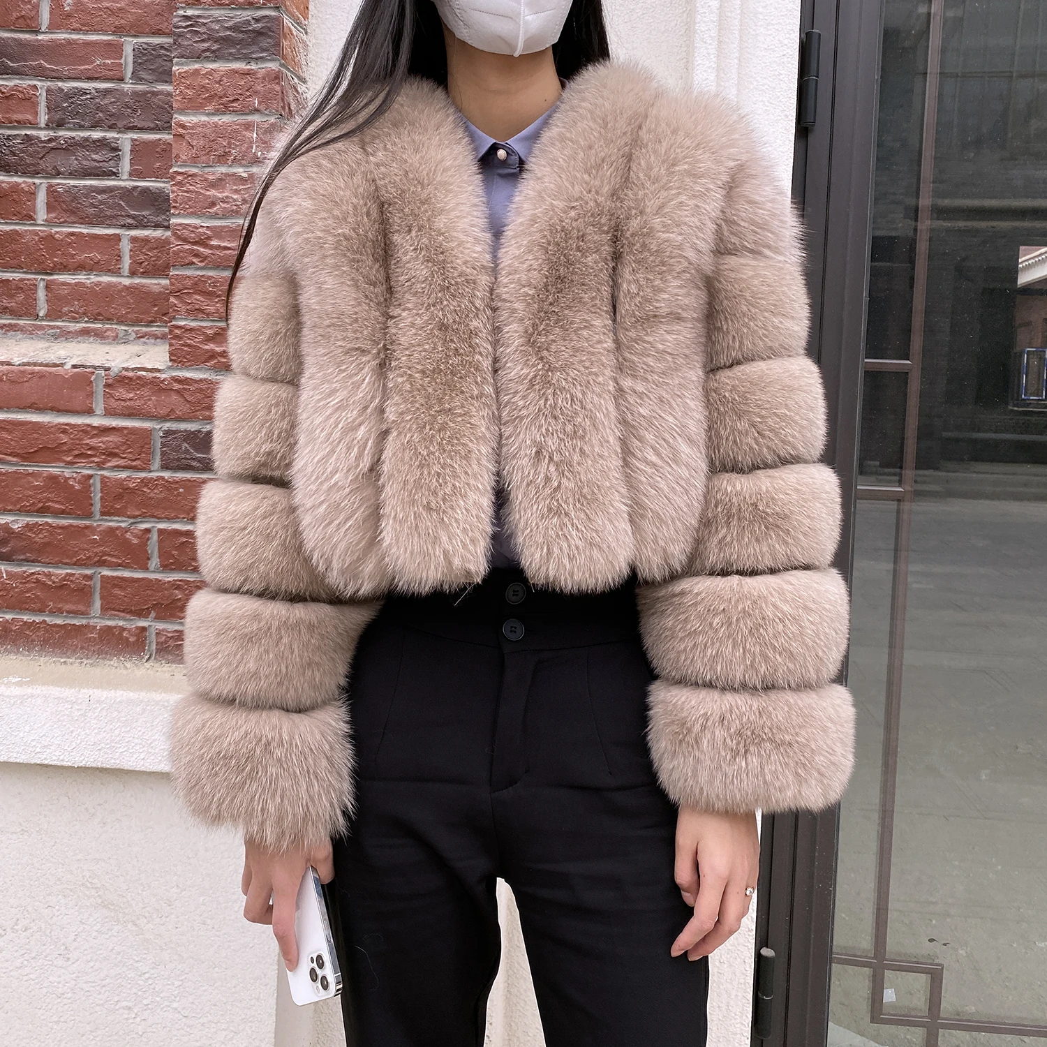 Fur Coat Women Winter Fashion Deep V-neck Superpopular Natural Fox Fur Full Sleeve High Waist Real Fur Coat Lady Luxury Style