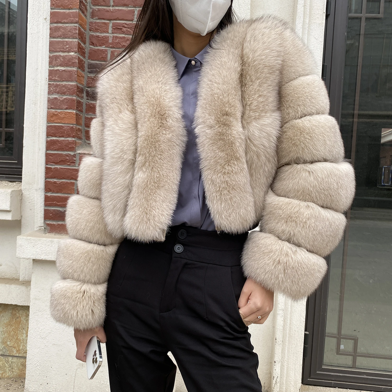 Fur Coat Women Winter Fashion Deep V-neck Superpopular Natural Fox Fur Full Sleeve High Waist Real Fur Coat Lady Luxury Style