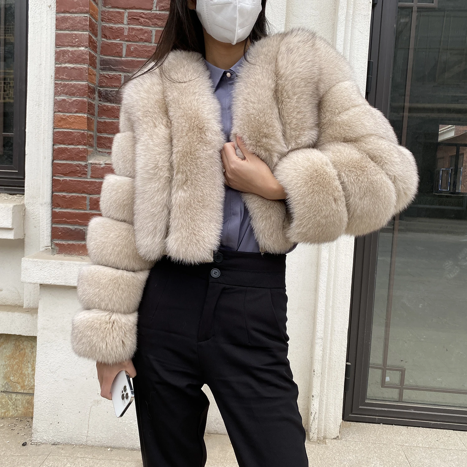 Fur Coat Women Winter Fashion Deep V-neck Superpopular Natural Fox Fur Full Sleeve High Waist Real Fur Coat Lady Luxury Style