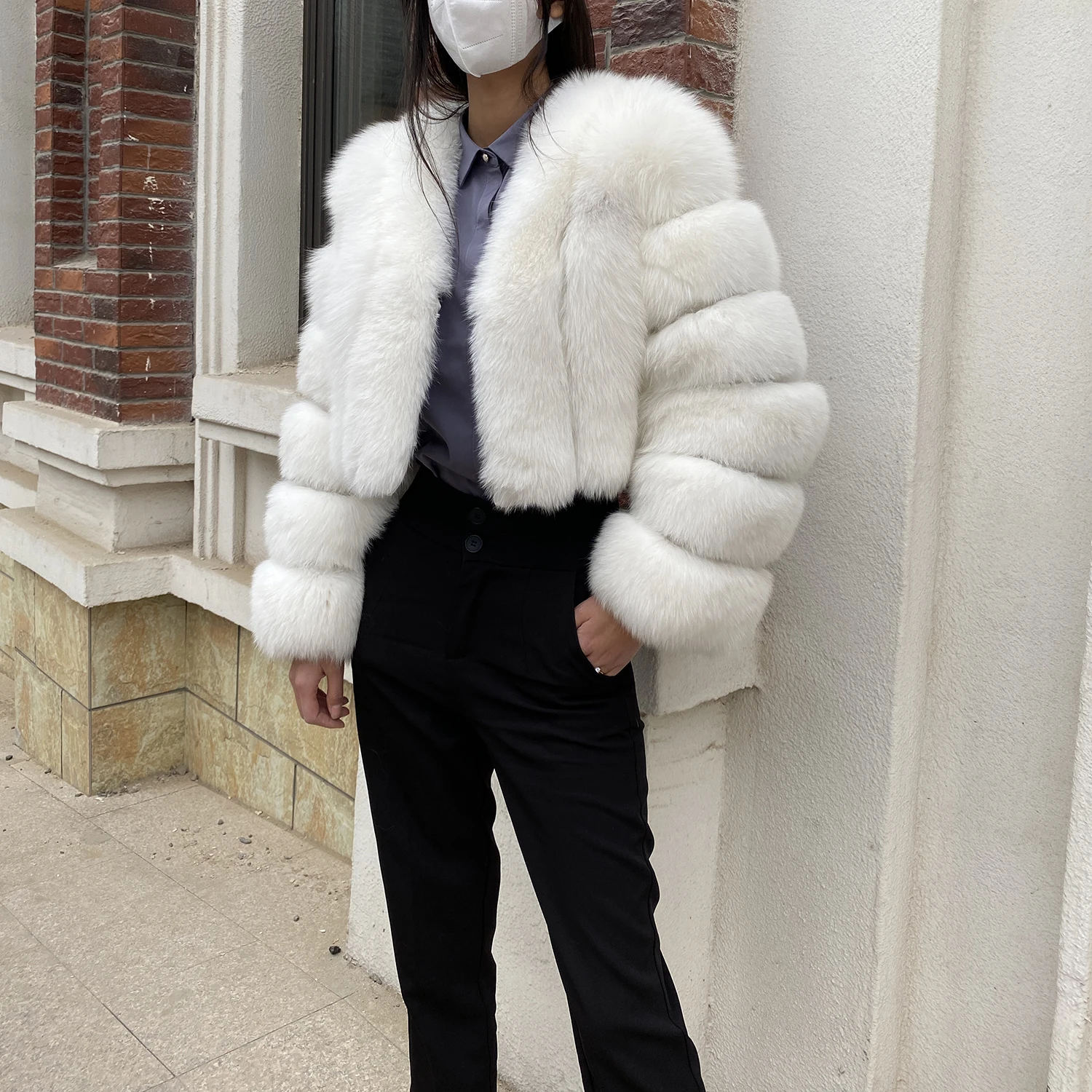Fur Coat Women Winter Fashion Deep V-neck Superpopular Natural Fox Fur Full Sleeve High Waist Real Fur Coat Lady Luxury Style