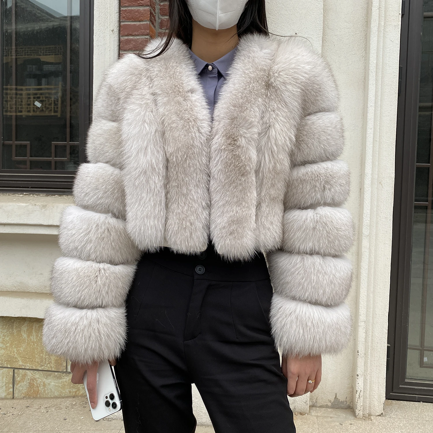 Fur Coat Women Winter Fashion Deep V-neck Superpopular Natural Fox Fur Full Sleeve High Waist Real Fur Coat Lady Luxury Style