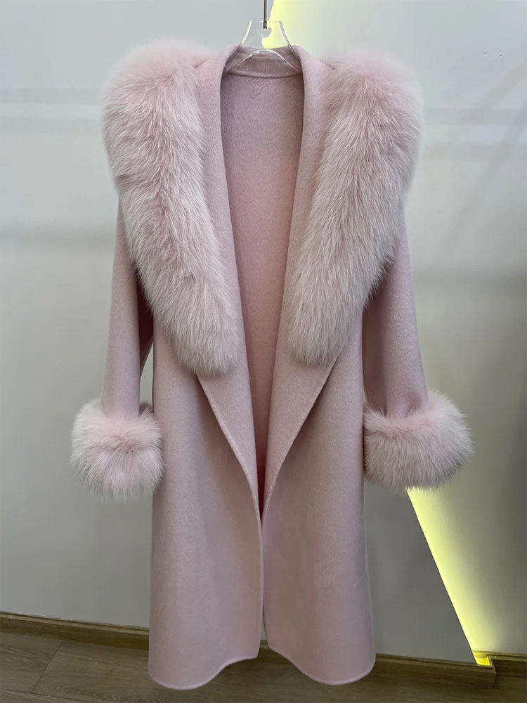 Winter Women Woolen Coat Natural Real Fox Fur Collar Jacket Long Wool Coat Thick Warm Outerwear Detachable Loose Belt Jacket